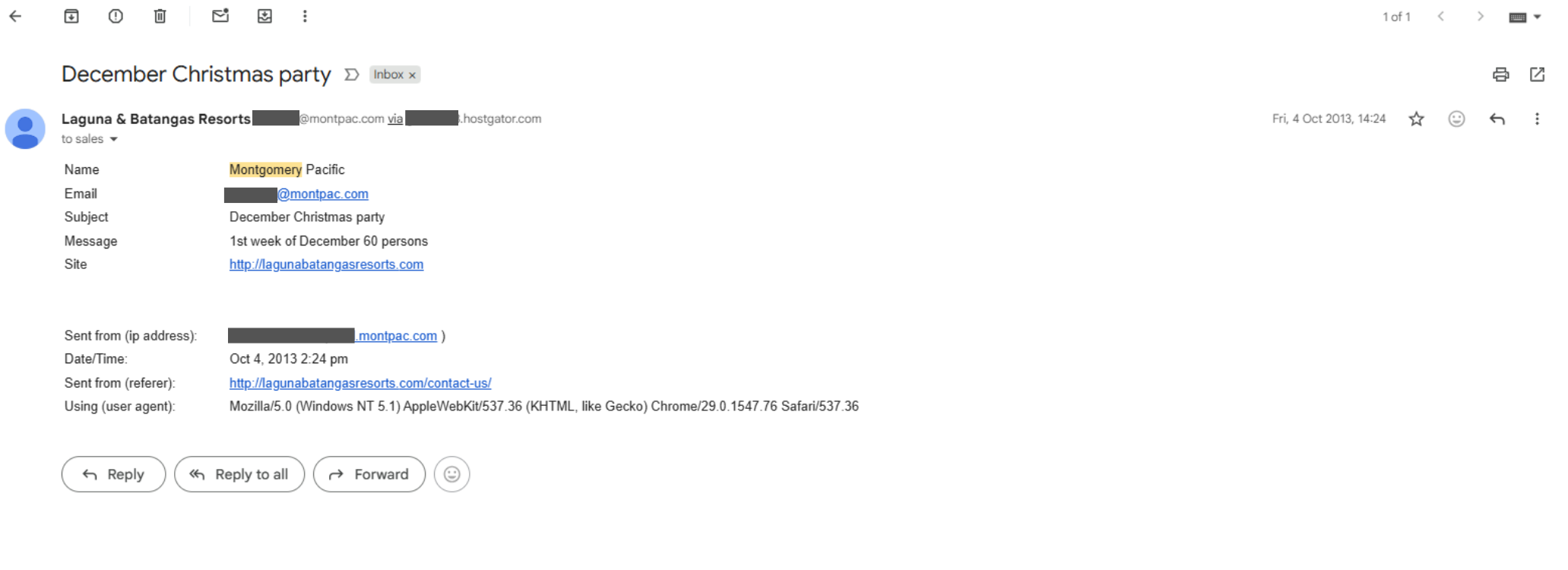Montgomery Pacific Christmas party inquiry, October 4, 2013. 60 persons, sent from montpac.com via the lagunabatangasresorts.com contact form.